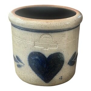 Vintage 1986 ROWE POTTERY WORKS Crock Salt Glazed Handmade Blue Heart Farmhouse
